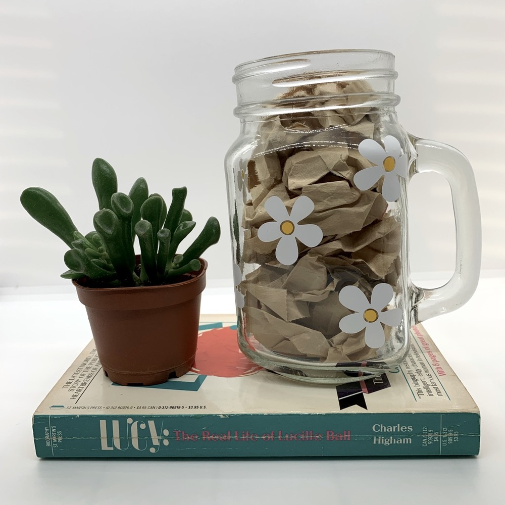 12oz Glass Mason Jar Mug w/ Daisys